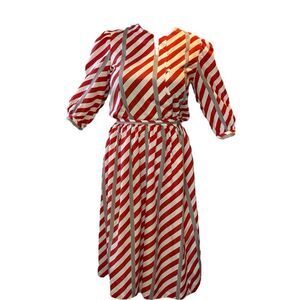 Anne Klein Vintage Stripped Suit w/ Pleated Maxi Skirt and Balloon Sleeve Blouse